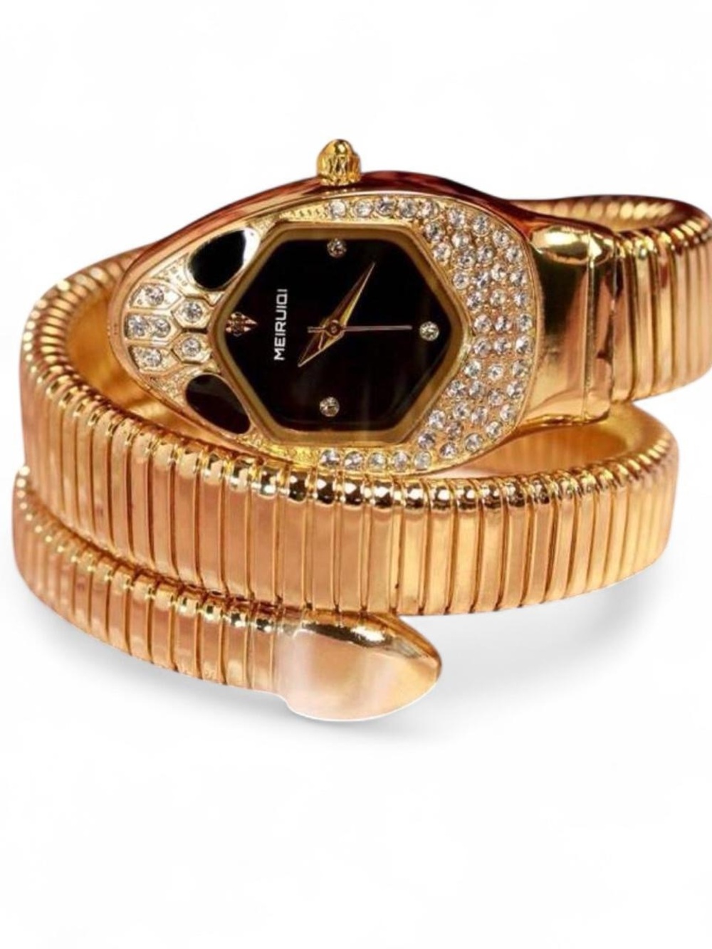 Gold Serpentine Crystal Wrap Bracelet Watch - Black Dial